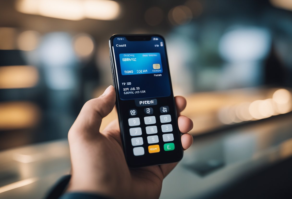 Uma pessoa usando um telefone para ligar para o serviço de atendimento ao cliente, com um cartão de crédito cancelado na mão