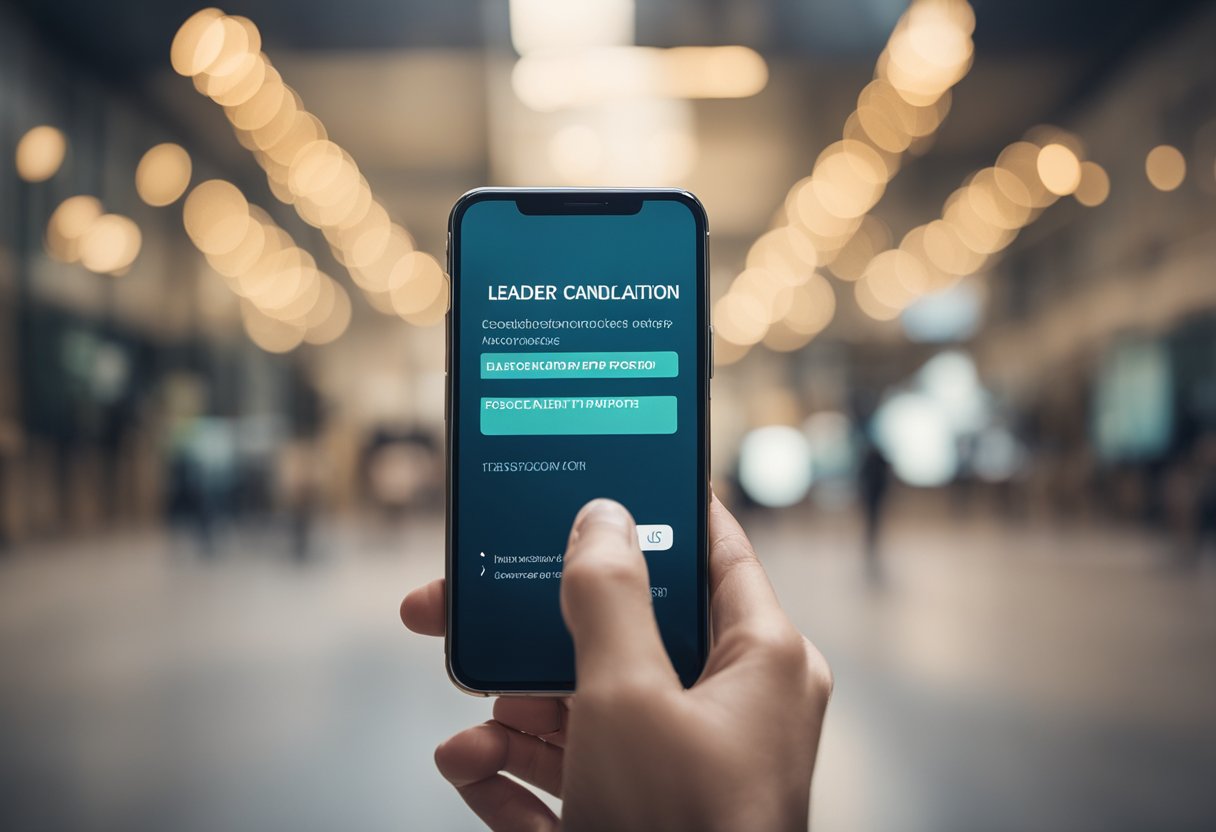 Uma pessoa usando um smartphone para acessar o processo de cancelamento do cartão Leader online, com um guia passo a passo claro e simples exibido na tela.