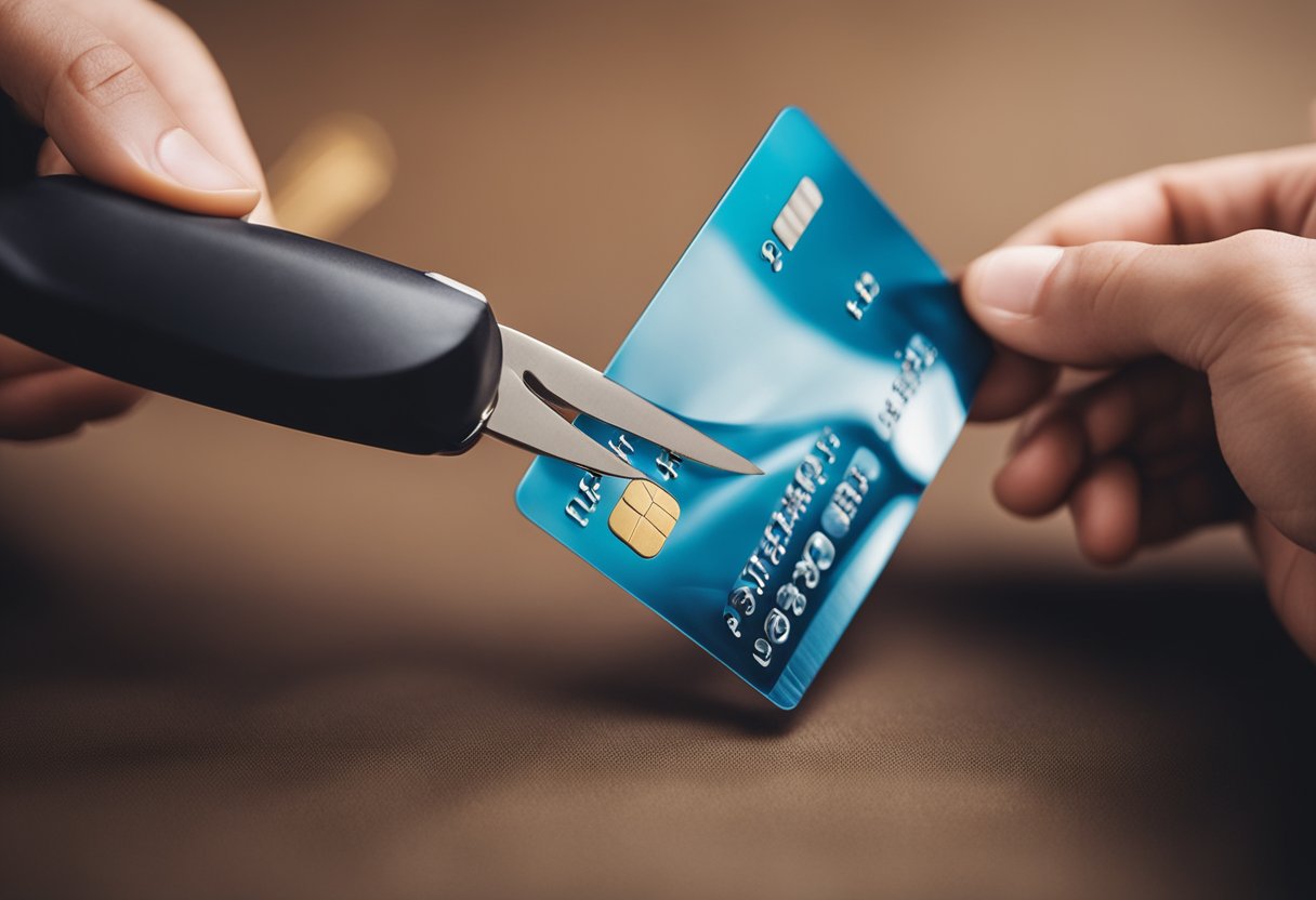 Uma pessoa cortando um cartão de crédito Leader com tesouras