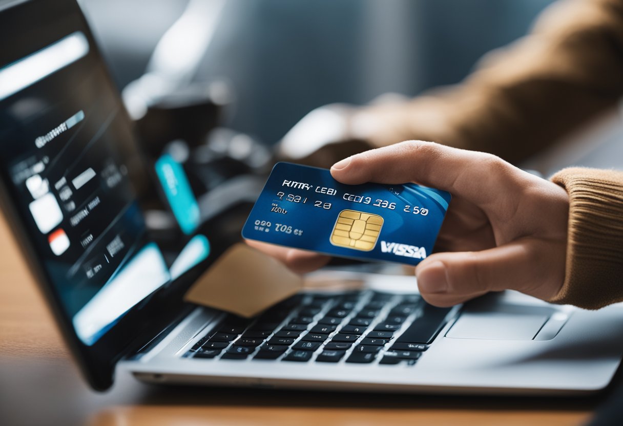 Uma pessoa segurando um cartão de crédito Leader enquanto olha para a tela de um computador ou smartphone com um processo de cancelamento exibido