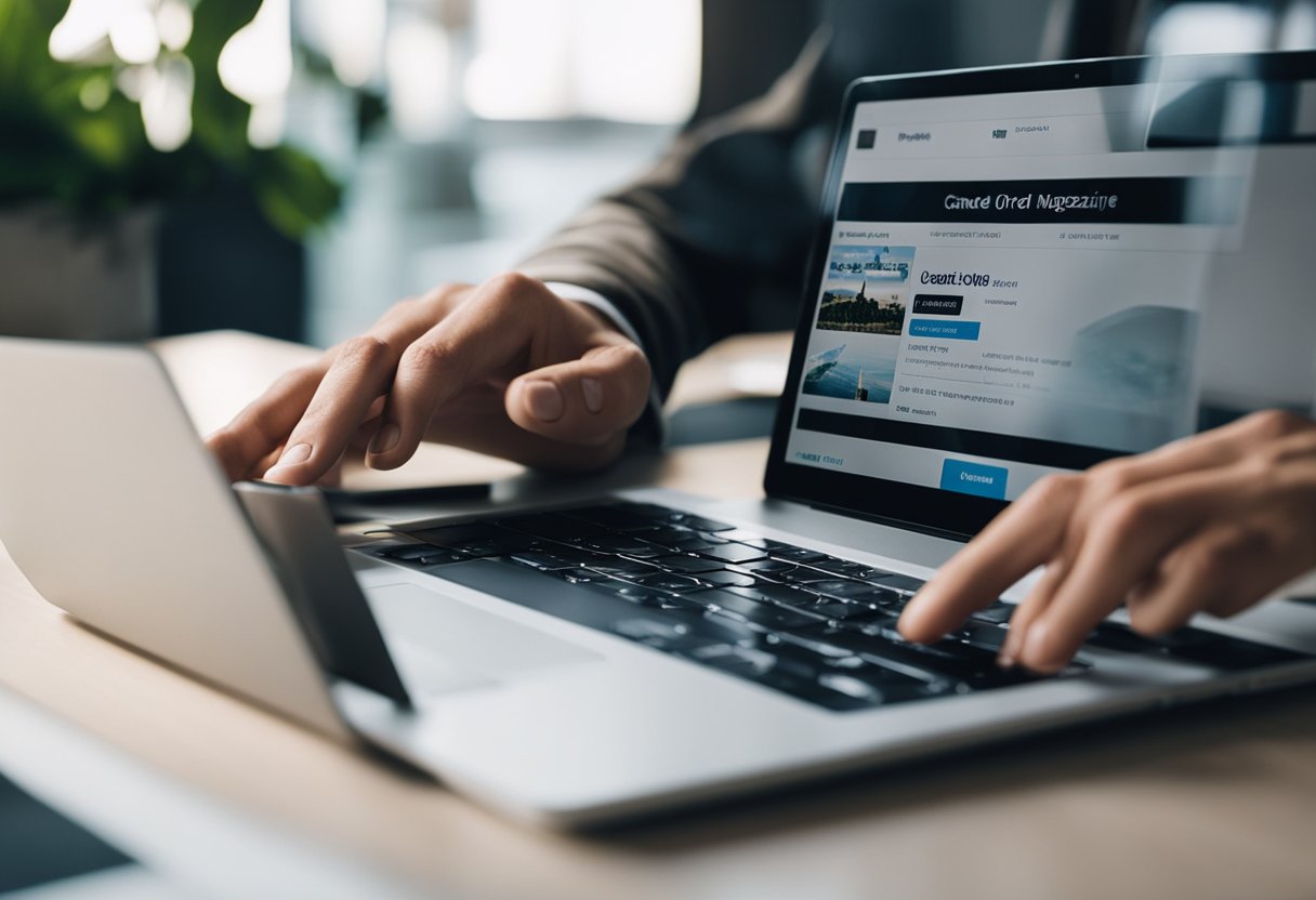 Uma pessoa sentada em uma mesa com um laptop, clicando no botão "cancelar pedido" no site da Magazine Luiza