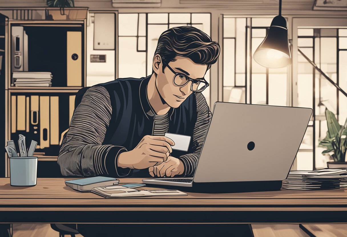 Uma pessoa sentada em uma mesa com um laptop aberto, olhando para a tela com uma expressão confusa enquanto segura um cartão de crédito