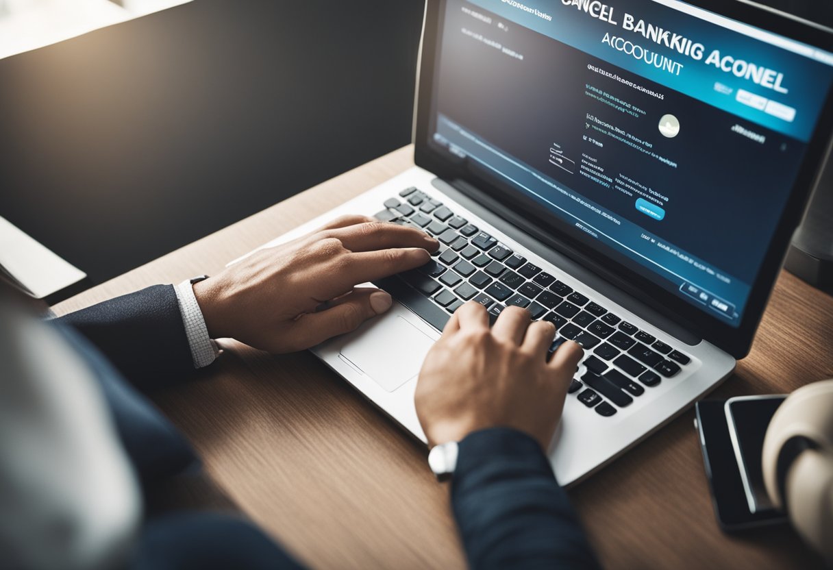 Uma pessoa usando um computador para acessar sua conta bancária online e clicando na opção "cancelar conta"
