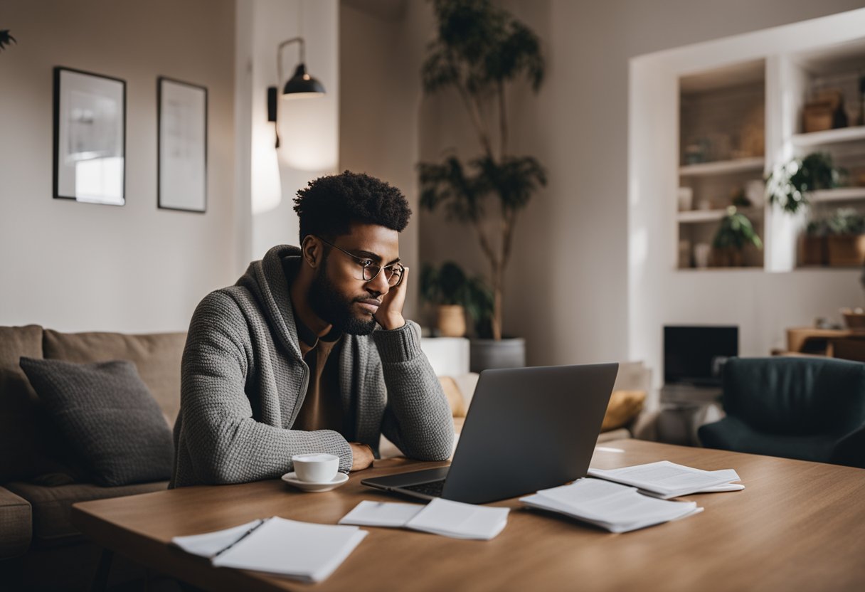 Uma sala de estar aconchegante com uma pessoa sentada à mesa, cercada por papéis e um laptop, parecendo frustrada enquanto tenta cancelar sua conta no Banco Pan.