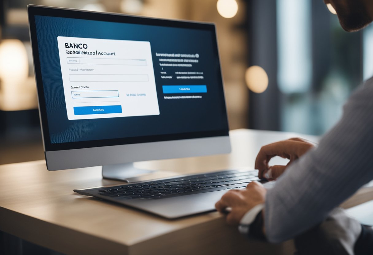 Uma pessoa usando um computador para acessar o site do Banco Pan, clicando na opção "cancelar conta" e confirmando o cancelamento com uma assinatura digital.