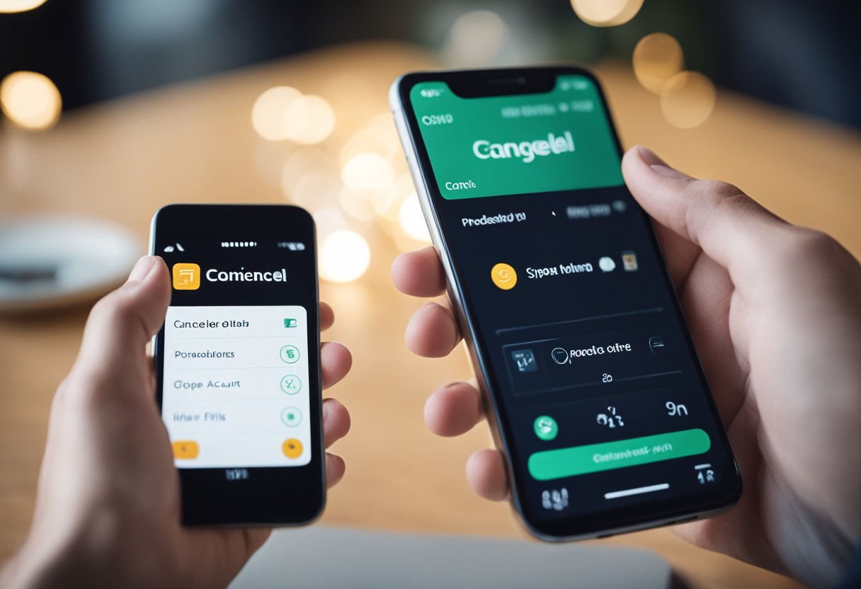 Uma mão alcançando um smartphone com o aplicativo Next aberto, tocando na opção 'cancelar conta'