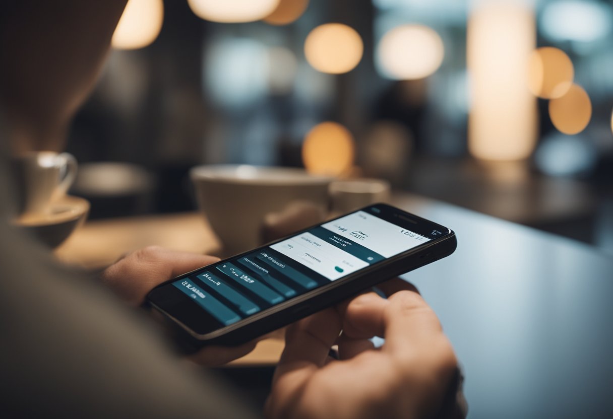 Uma pessoa navegando em um aplicativo de smartphone, tocando pelos menus para encontrar a opção de cancelamento de conta.