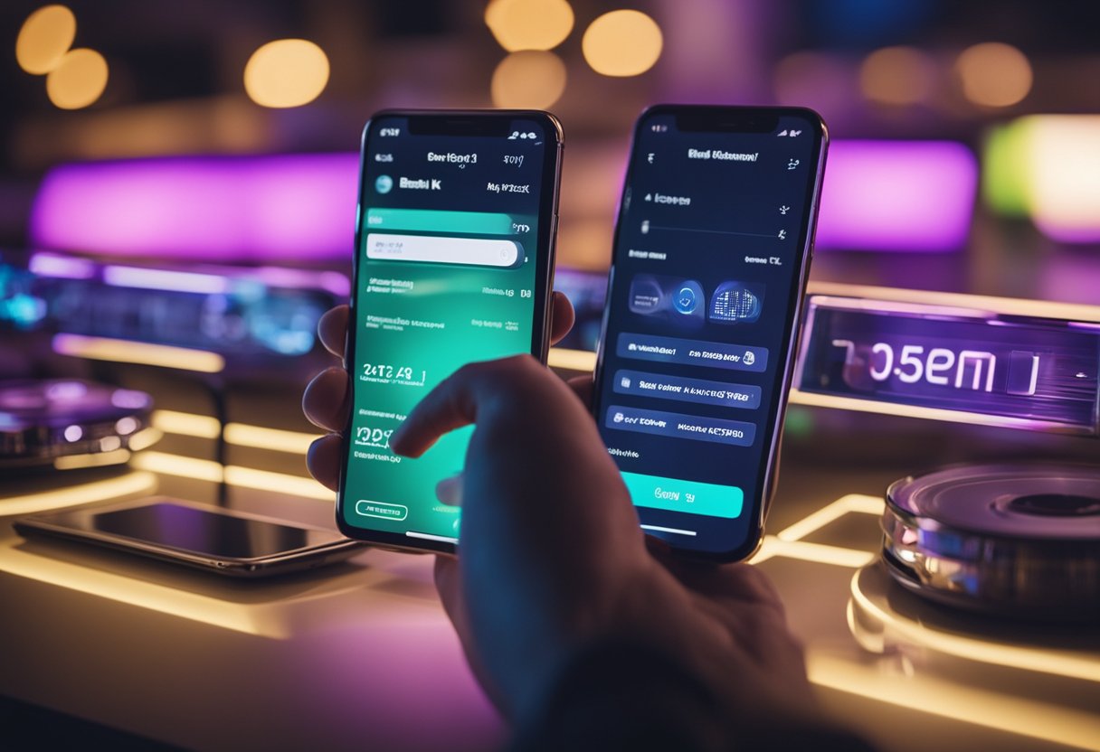Uma pessoa usando um smartphone para acessar sua conta do banco Neon, navegando pelo aplicativo para encontrar a opção de cancelar sua conta.