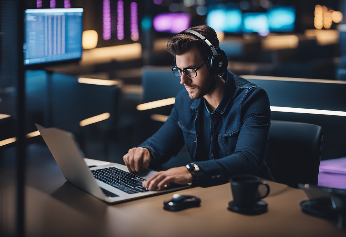 Uma pessoa sentada em uma mesa com um laptop, parecendo frustrada enquanto tenta navegar na plataforma de banco online do Neon para cancelar sua conta.