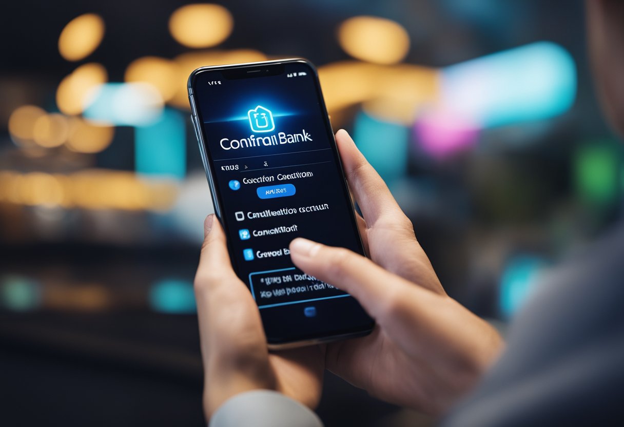 Uma pessoa acessando o aplicativo do Neon Bank, selecionando a opção de cancelamento de conta e recebendo uma mensagem de confirmação.