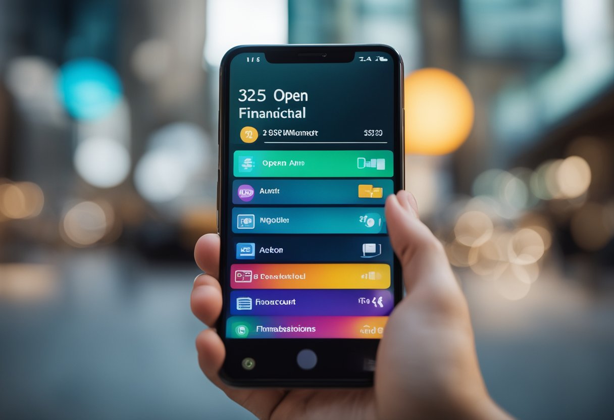 Um smartphone colorido e moderno com o aplicativo Superdigital aberto, exibindo várias transações financeiras e opções de gerenciamento de conta.
