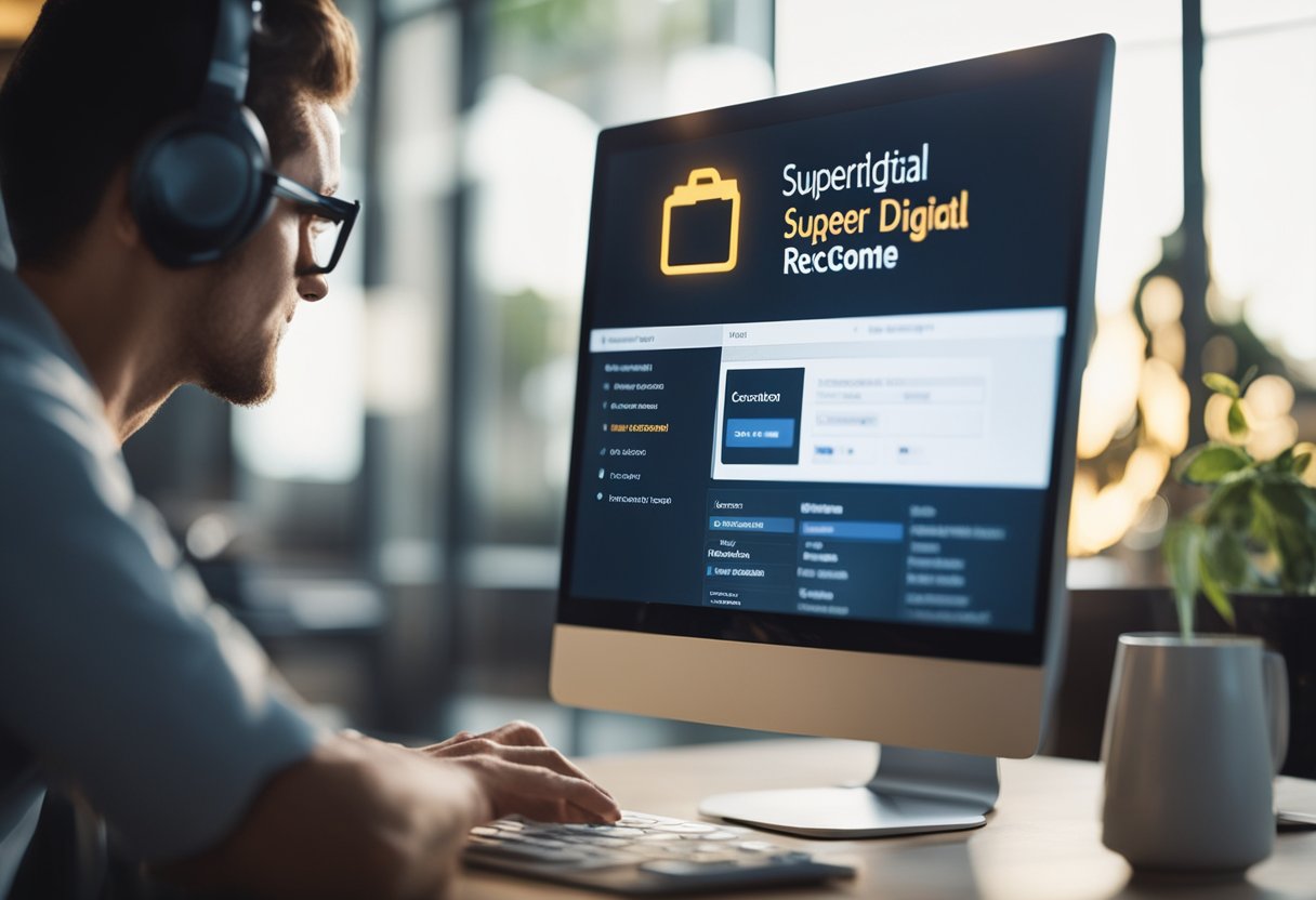 Uma pessoa usando um computador para acessar o site da Superdigital, clicando nas configurações da conta e selecionando a opção para cancelar sua conta.