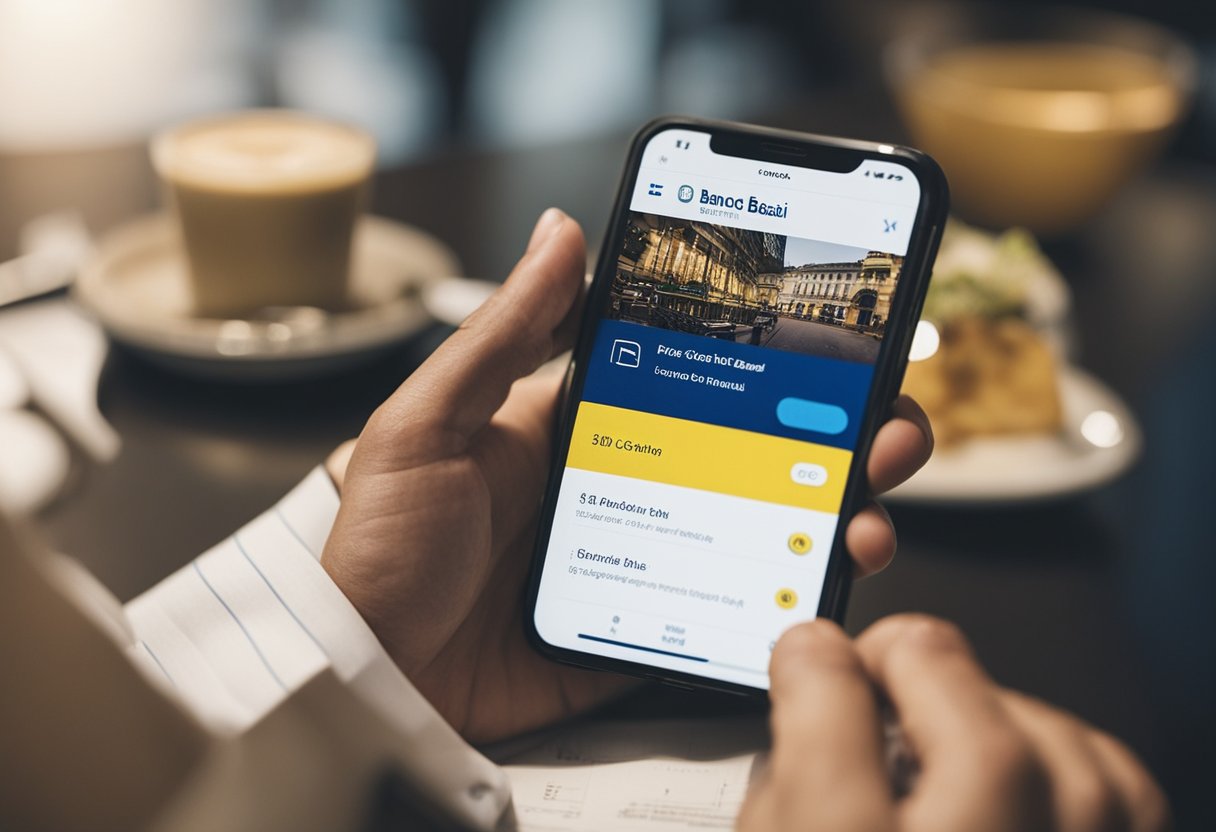 Uma pessoa usando um smartphone para acessar o aplicativo do Banco do Brasil, navegando pelo menu para cancelar a função de crédito.