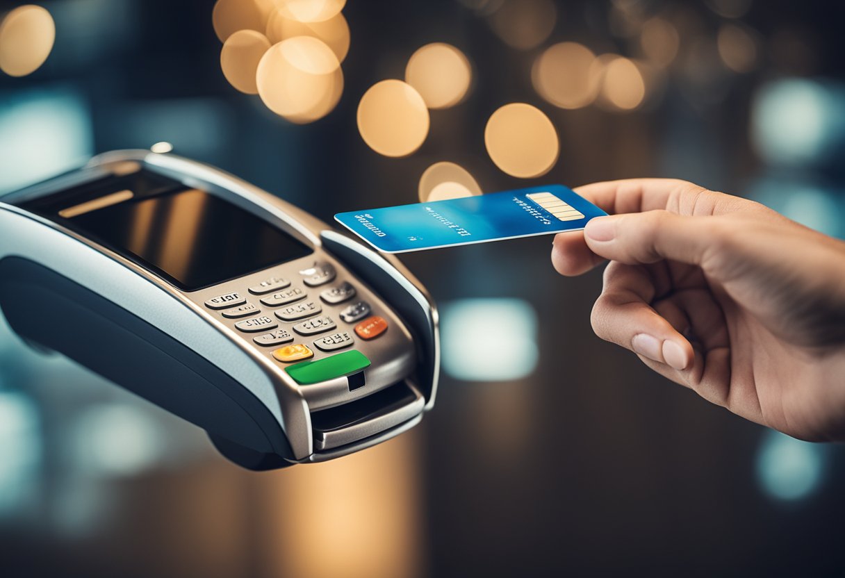 Uma mão alcançando um cartão de crédito com um botão de cancelar na tela de um celular