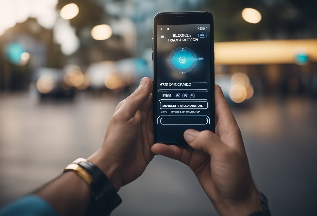 Uma pessoa usando um smartphone para acessar um aplicativo de transporte e selecionando a opção para cancelar seu Bilhete Único.