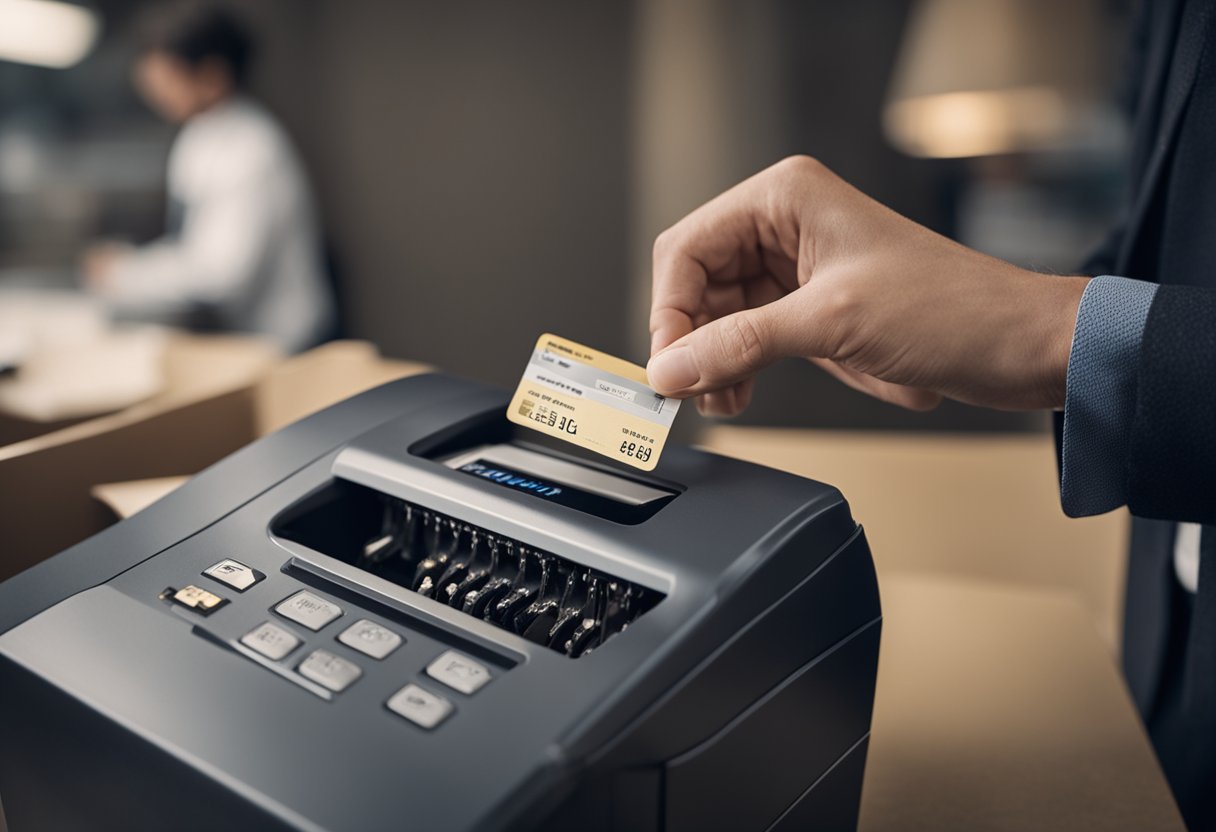 Uma pessoa colocando um cartão Caedu cancelado em uma trituradora