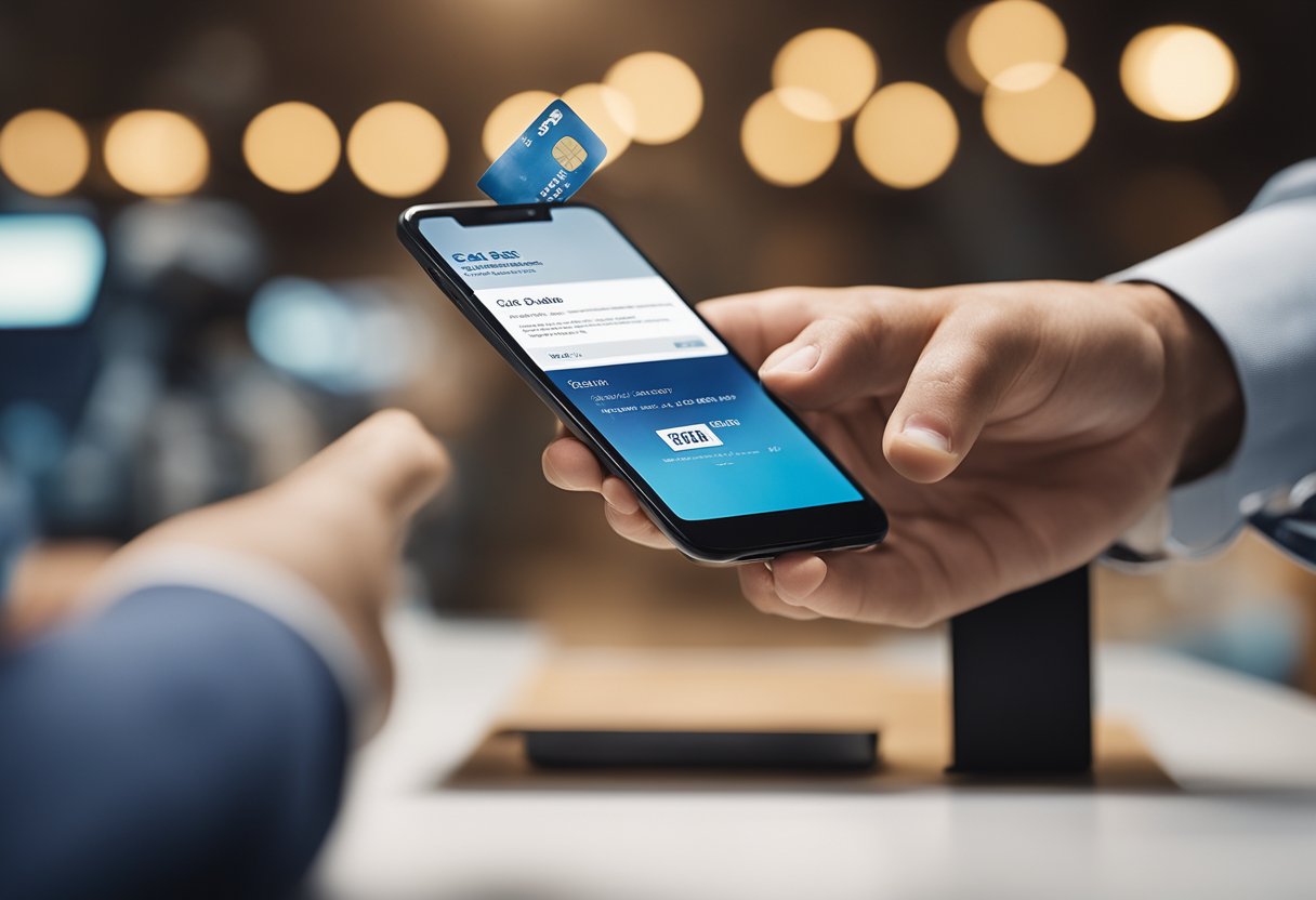 Uma pessoa segurando um cartão de crédito das Casas Bahia e um telefone, com um formulário de cancelamento na tela, cercada por representantes de atendimento ao cliente.