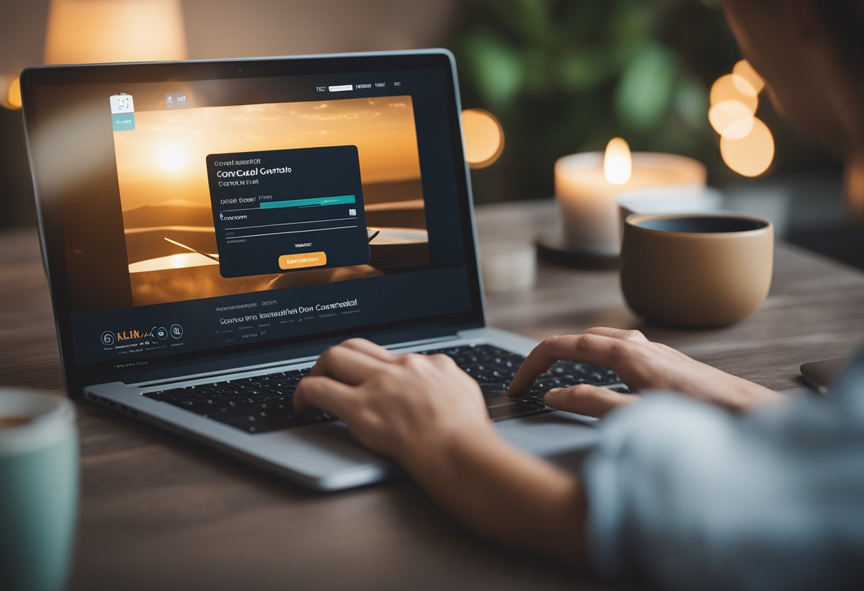 Uma pessoa usando um laptop para acessar o site da Havan, navegando até a seção "Cancelar Cartão" e clicando no botão de cancelamento.