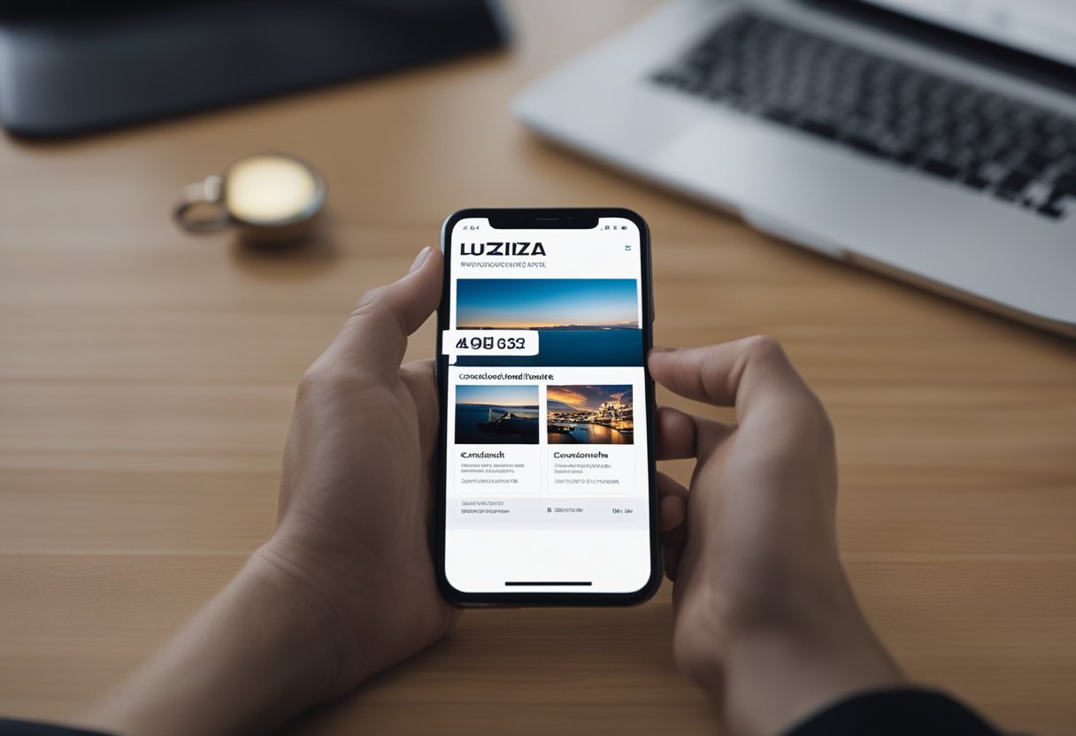 Uma pessoa usando um smartphone para acessar o site da Magazine Luiza, clicando na opção "Cancelar Cartão" e confirmando o cancelamento.