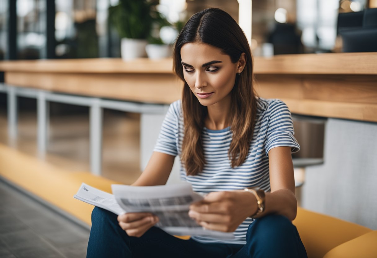 Uma pessoa segurando um cartão de crédito da Magazine Luiza e olhando para um documento com termos e condições, com uma expressão confusa no rosto.