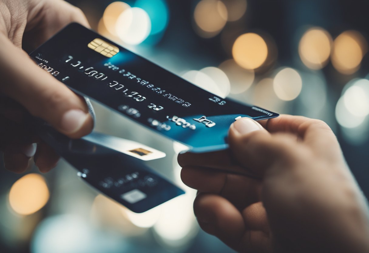 Uma mão alcançando um cartão de crédito, com uma tesoura cortando-o ao meio