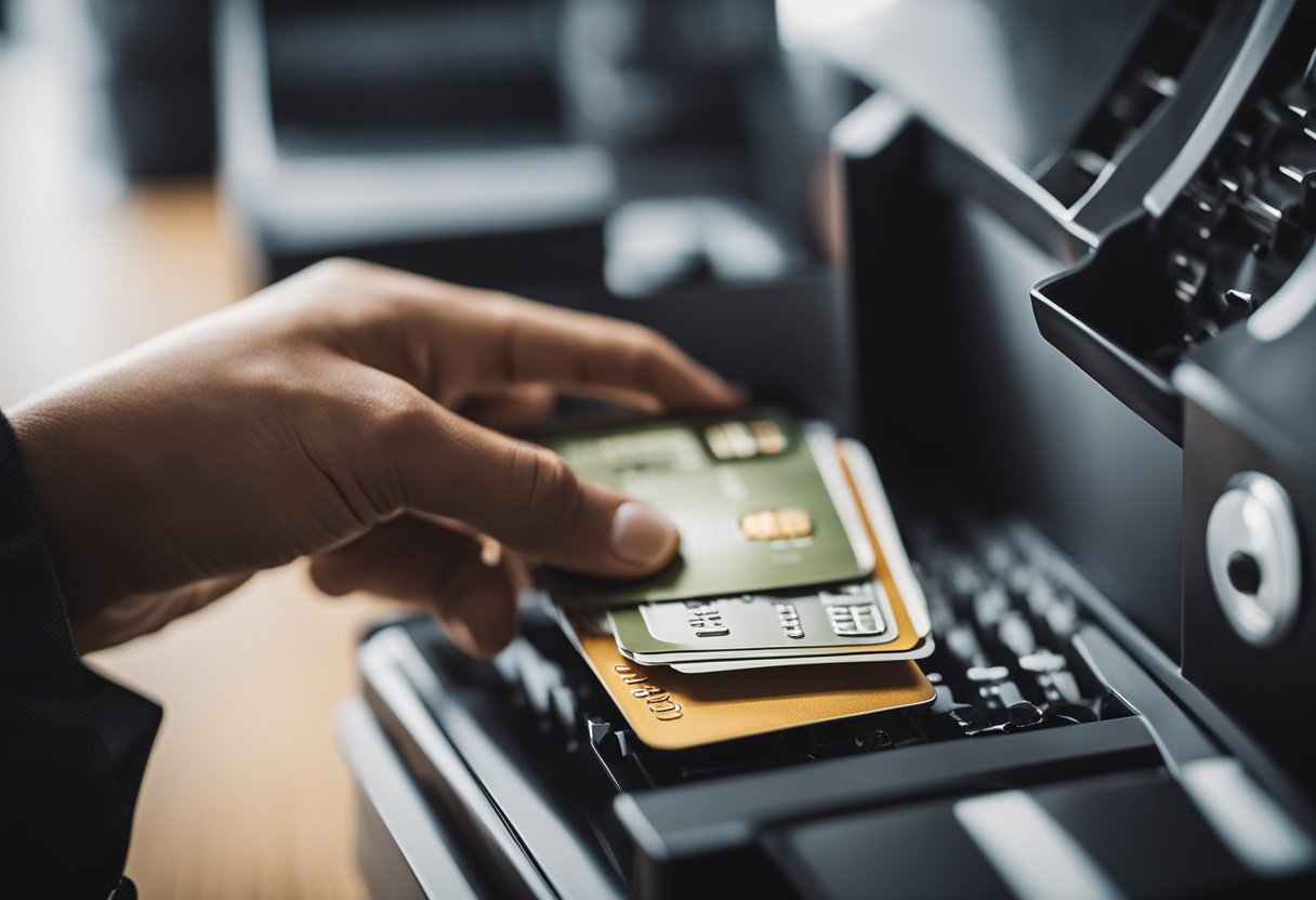 Uma pessoa colocando um cartão de crédito em um triturador