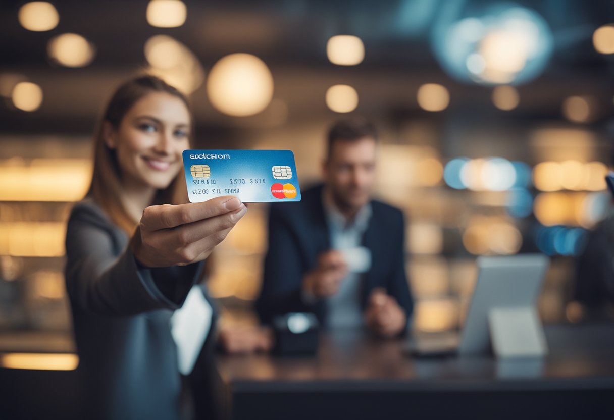 Uma pessoa segurando um cartão de crédito Marisa e um telefone, com um representante de atendimento ao cliente do outro lado explicando o processo de cancelamento.