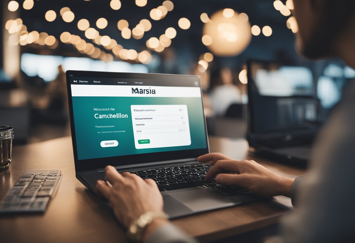 Uma pessoa usando um computador para navegar até o site da Marisa, encontrando a seção de cancelamento e clicando na opção de cancelar cartão.