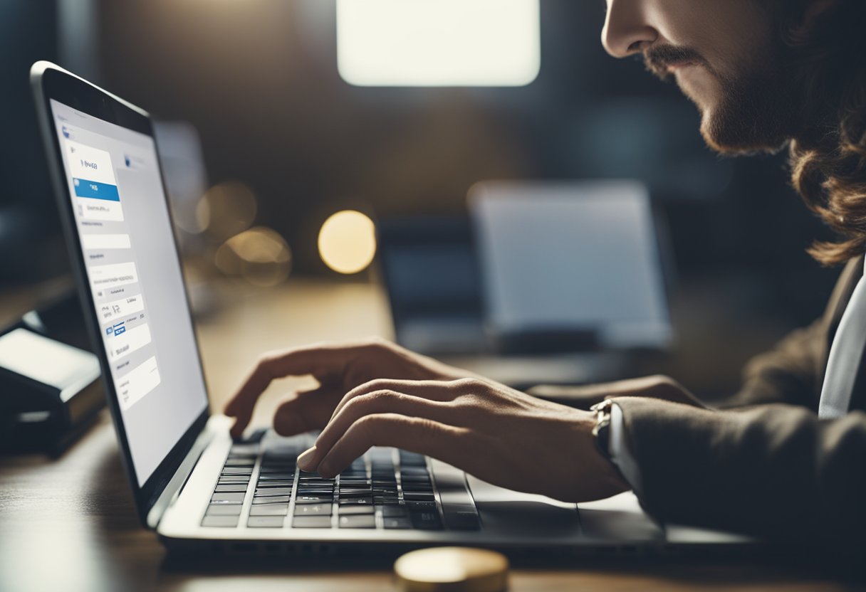 Uma pessoa usando um computador para acessar sua conta Meliuz, navegando até a seção "Cancelar Cartão" e clicando no botão de cancelamento.