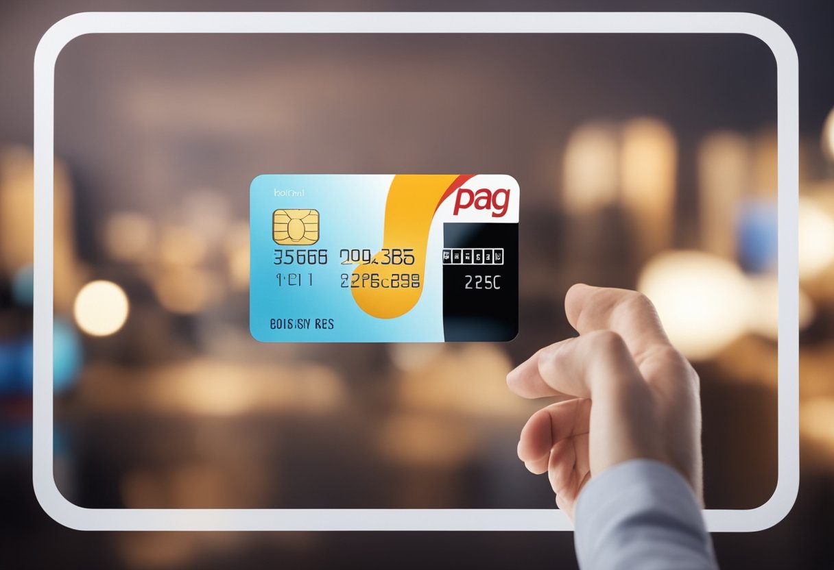 Uma mão alcançando um cartão de crédito com o logo "pag", enquanto um telefone exibe o processo de cancelamento