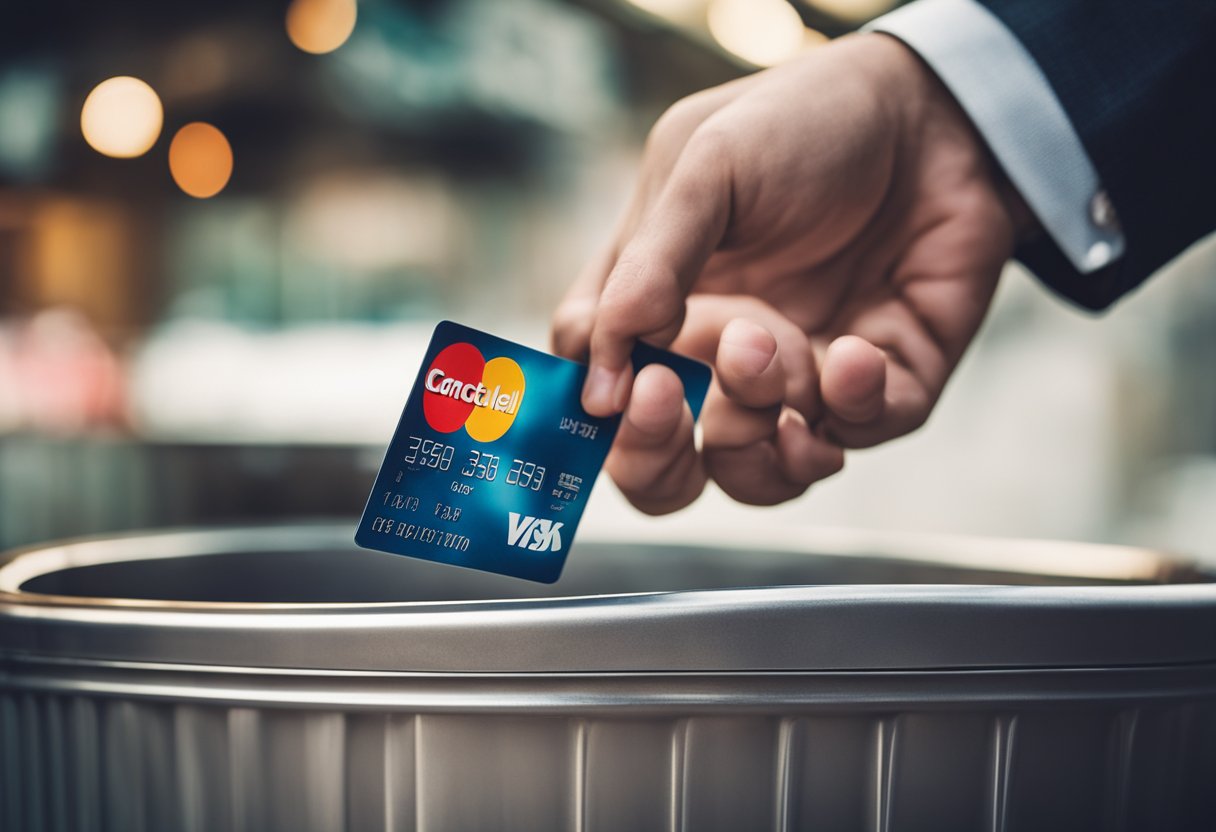 Uma mão segurando um cartão de crédito sobre uma lixeira, com um botão vermelho de "cancelar" no cartão