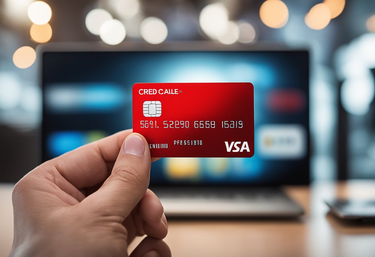 Uma mão segurando um cartão de crédito com um botão vermelho de "cancelar" exibido na tela de um dispositivo digital