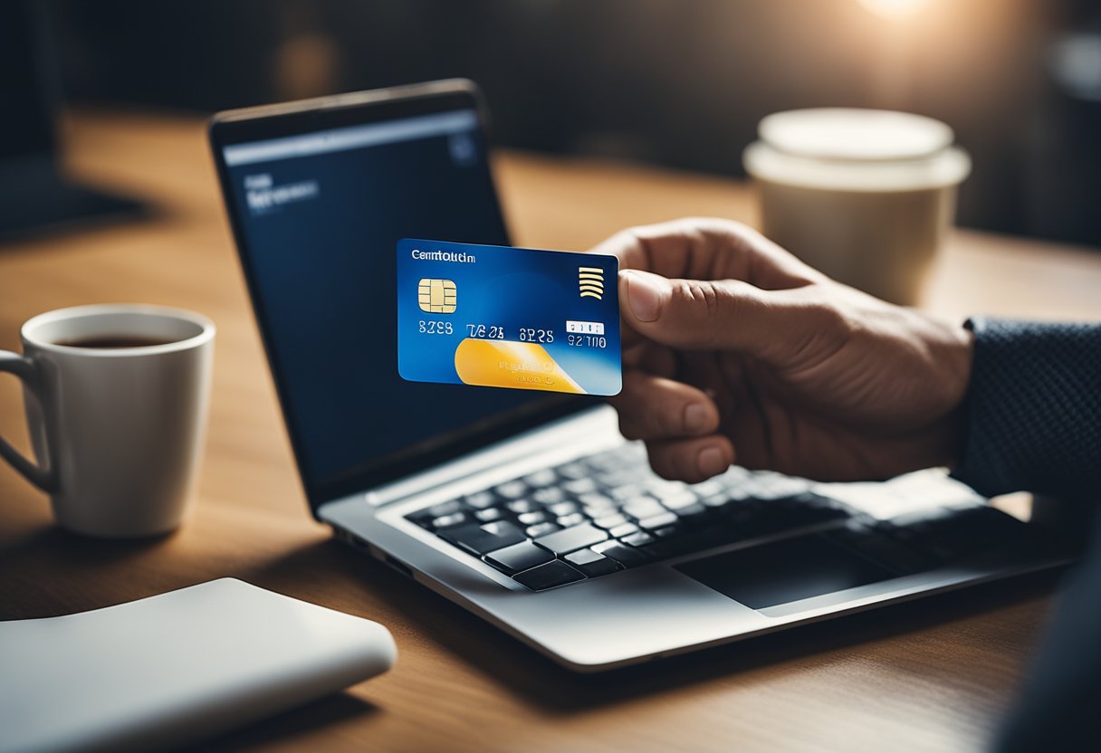 Uma pessoa segurando um cartão de crédito Tricard, alcançando um telefone ou computador para iniciar o processo de cancelamento.