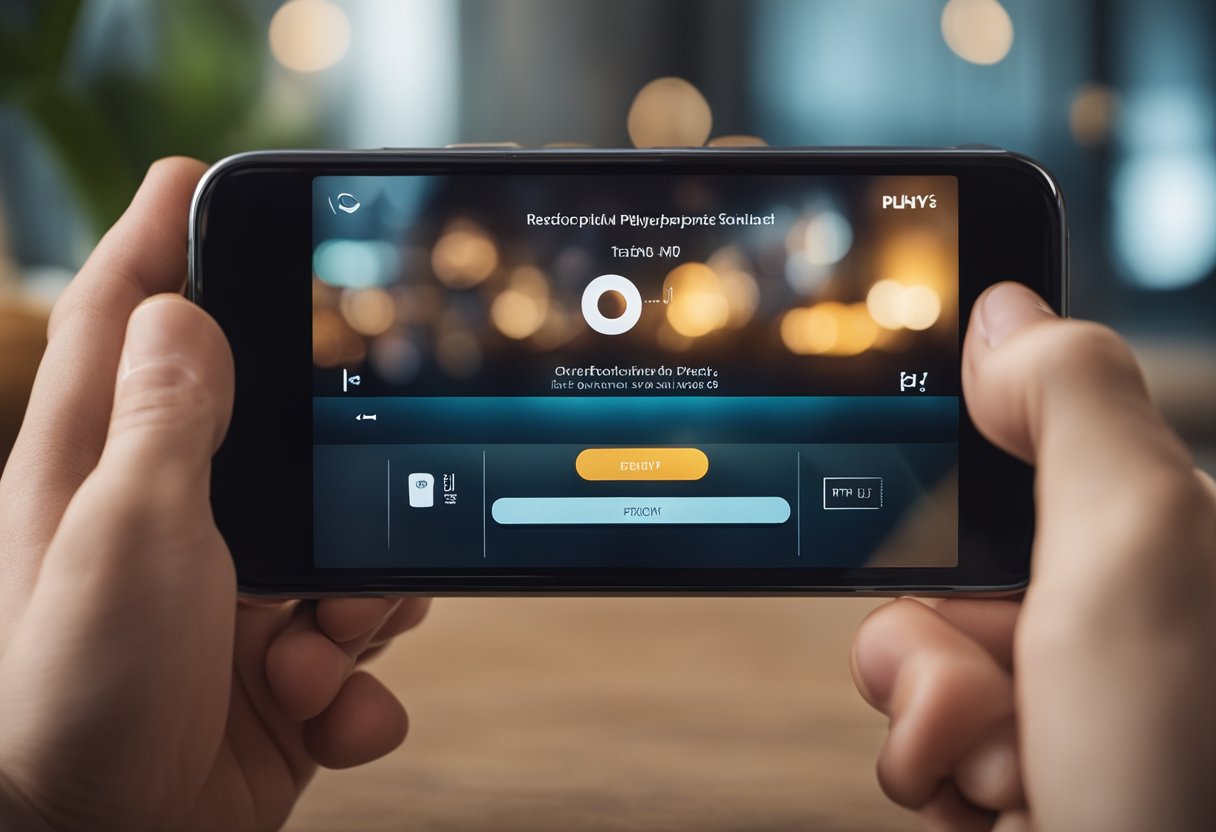 Uma mão alcançando um smartphone com o aplicativo PlayPlus aberto, tocando o botão de cancelar assinatura