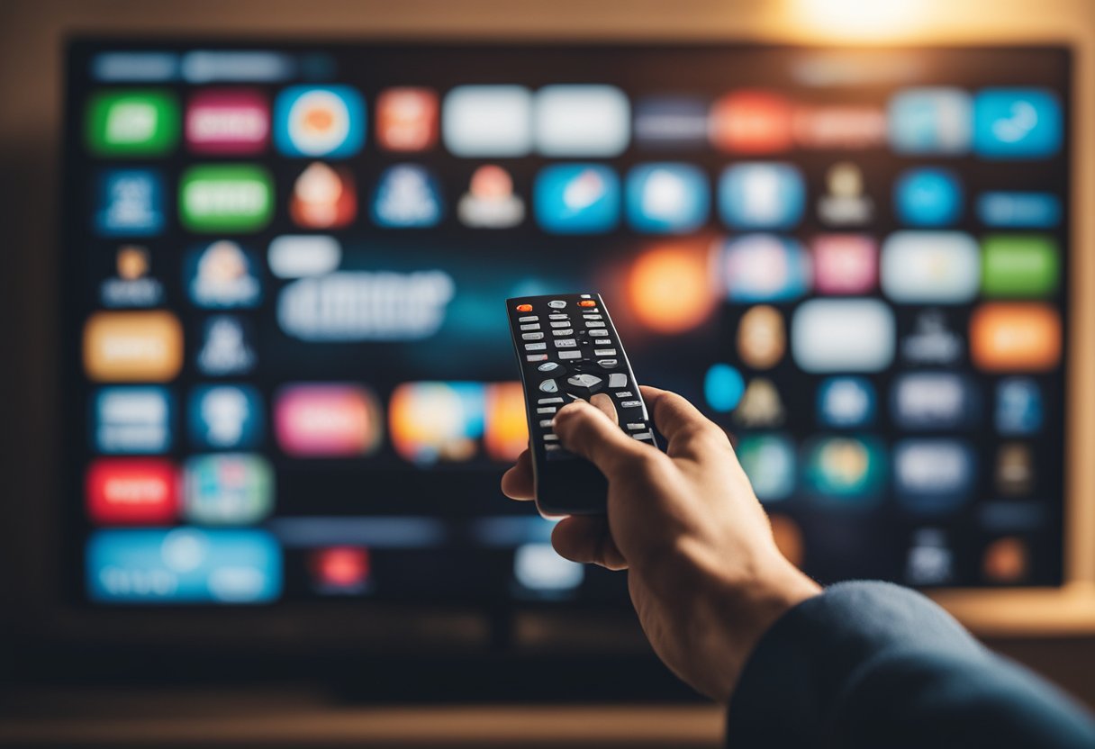 Uma mão alcançando um controle remoto, com uma tela de TV mostrando o aplicativo PlayPlus sendo excluído.