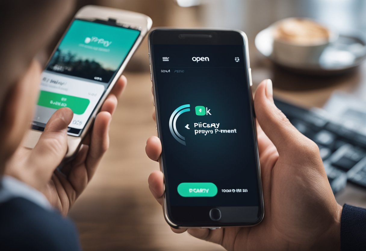 Uma mão alcançando um smartphone com o aplicativo PicPay aberto, tocando o botão de cancelar pagamento
