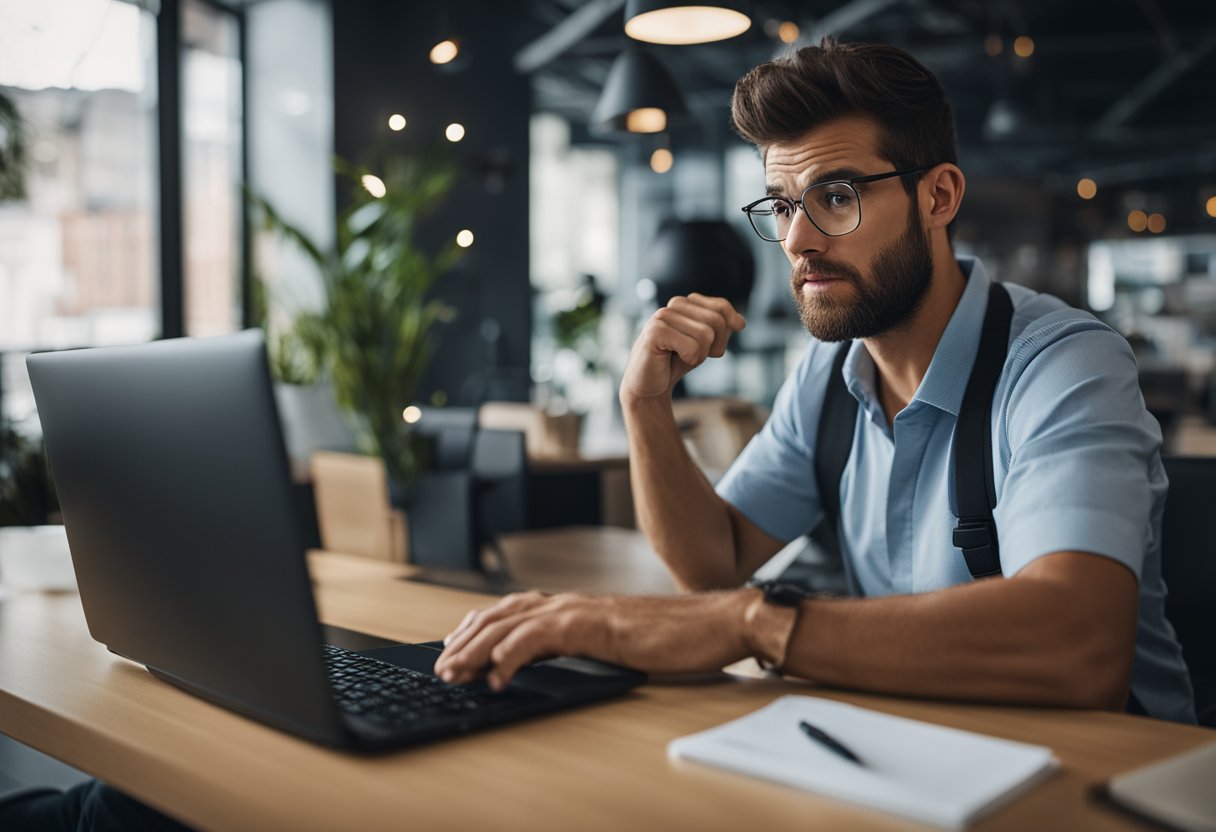 Um cliente frustrado encarando a tela do computador com um pedido cancelado no site da Kabum