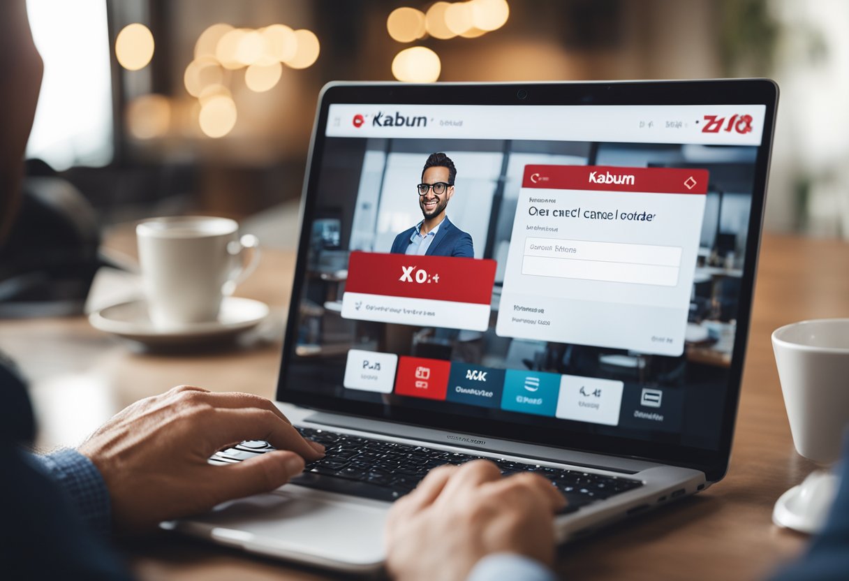 Um cliente navegando no site da Kabum, clicando no botão "cancelar pedido" com um ícone de X vermelho.