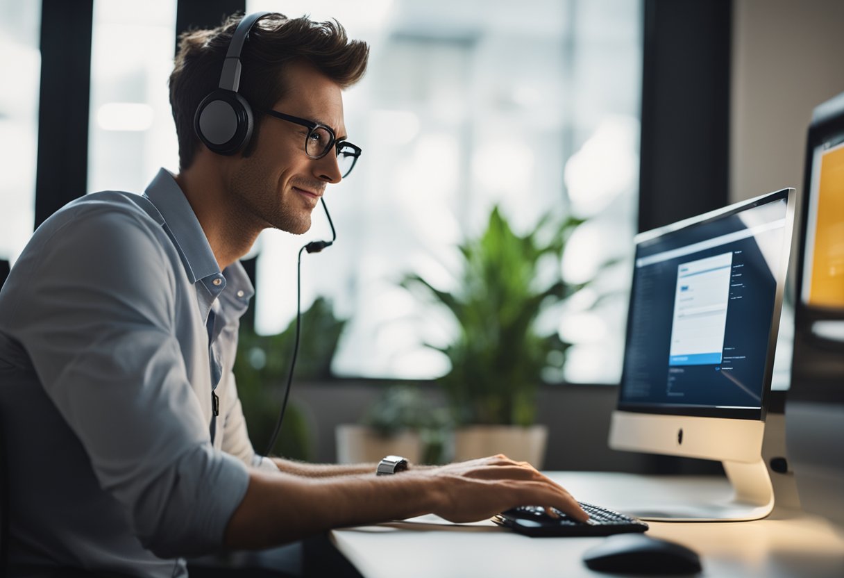 Uma pessoa sentada em um computador, clicando no botão "cancelar pedido" no site da Kabum, com uma expressão de frustração no rosto.