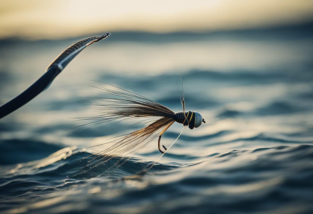 A fly line whips through the air, casting against a backdrop of choppy waves and a looming, powerful fish