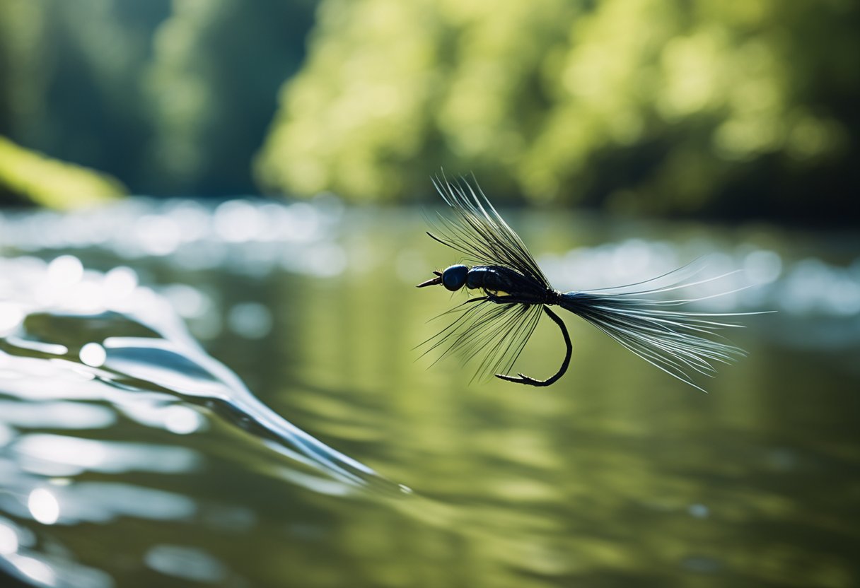 A fly line cutting through strong wind, casting towards a large, leaping fish in a clear, rippling stream