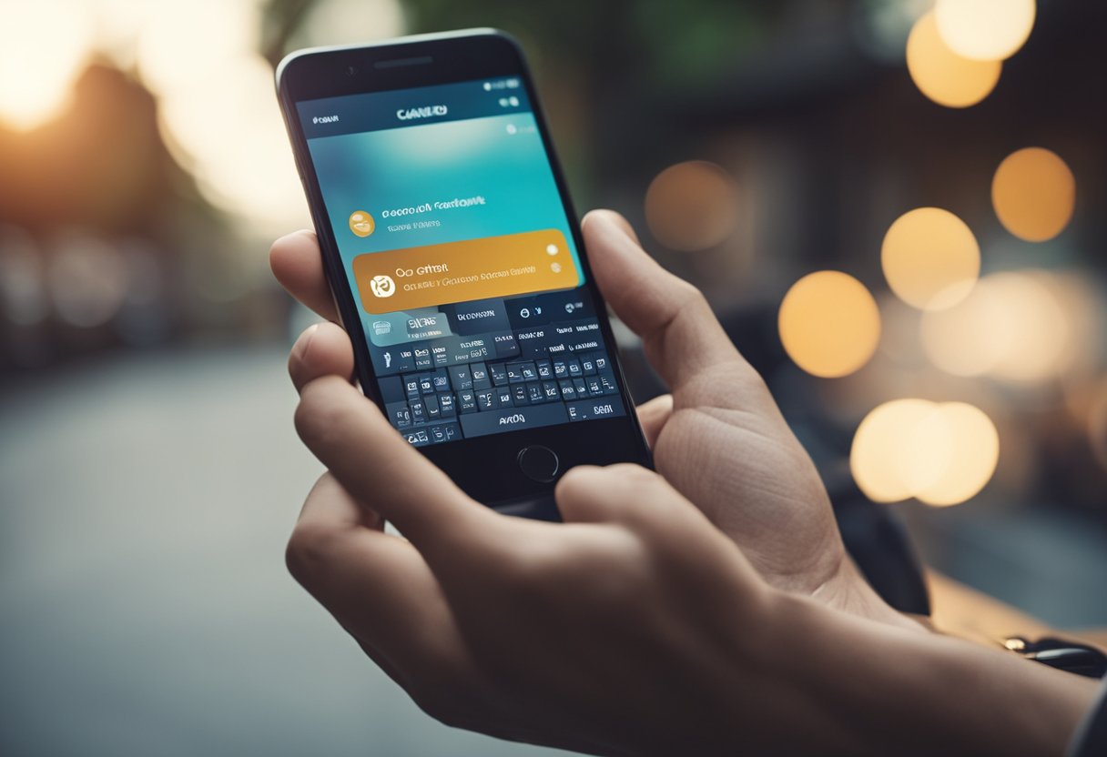 Uma mão alcançando um smartphone, tocando no aplicativo Caixa e selecionando a opção para cancelar uma transação Pix