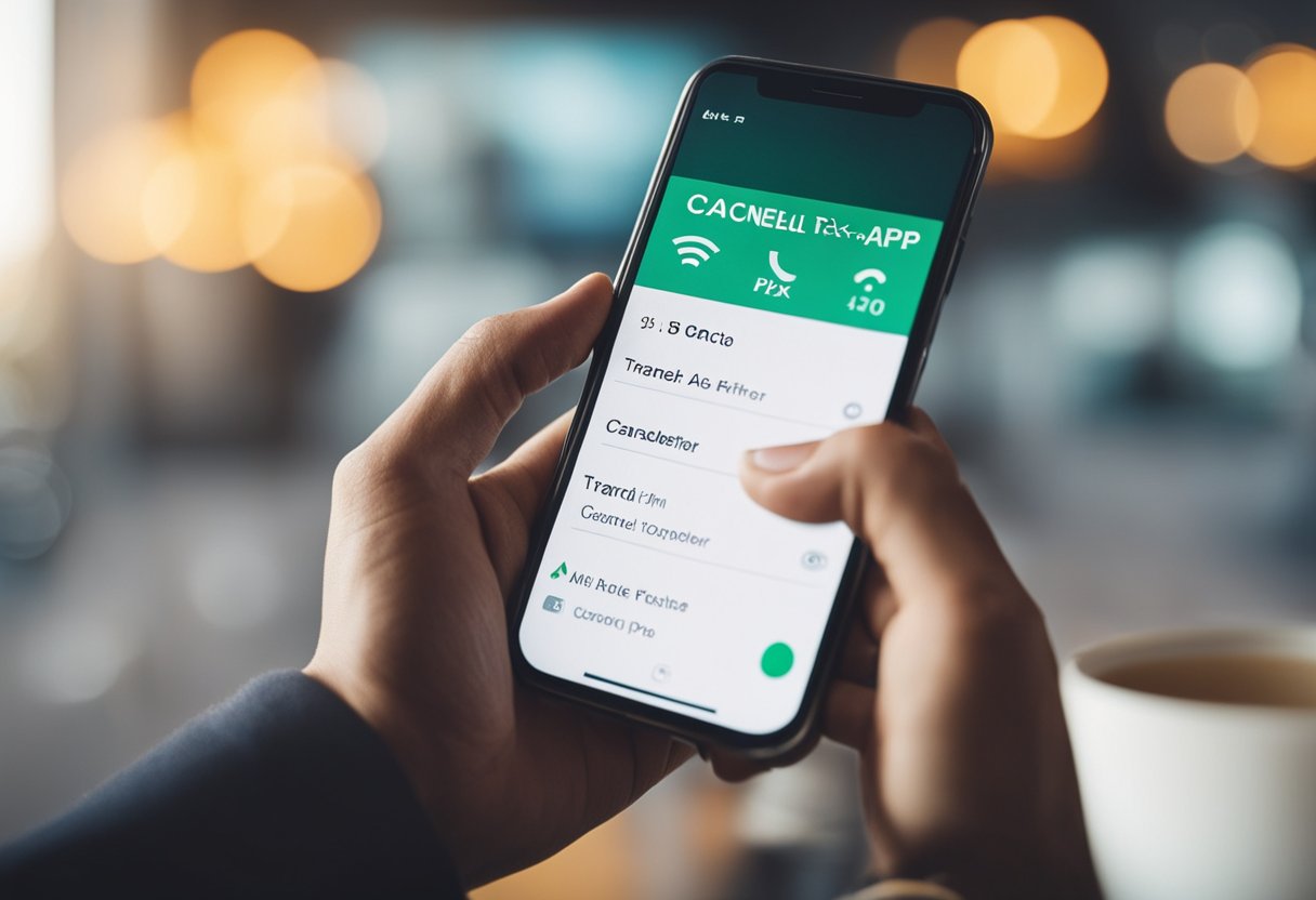 Uma pessoa usando um smartphone para acessar um aplicativo bancário, navegando pelas opções para cancelar uma transferência PIX.