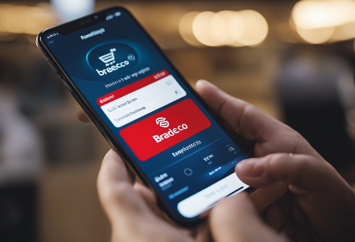 Uma pessoa usando um smartphone para acessar o aplicativo bancário do Bradesco e cancelando uma transferência com alguns toques na tela.