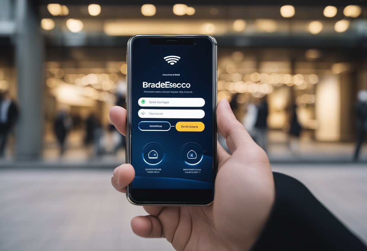 Uma pessoa usando um smartphone para acessar o aplicativo bancário do Bradesco, navegando pelo processo de cancelamento de transferência.