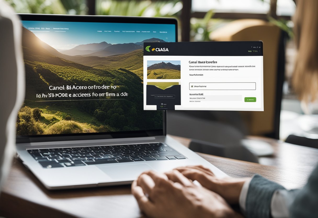 Uma pessoa usando um laptop para acessar o site das Casas Bahia, clicando no botão "cancelar pedido".