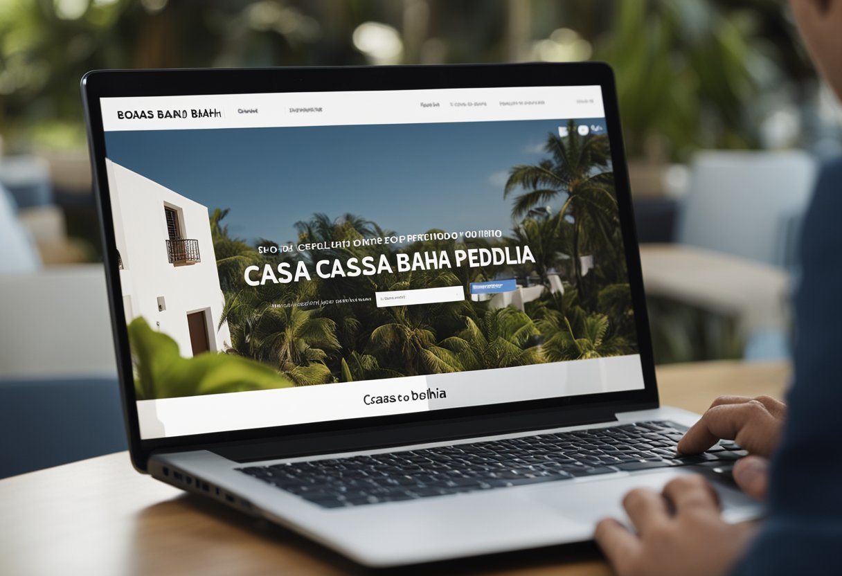 Uma pessoa usando um laptop para acessar o site das Casas Bahia, clicando no botão "Cancelar Pedido" e recebendo uma mensagem de confirmação.