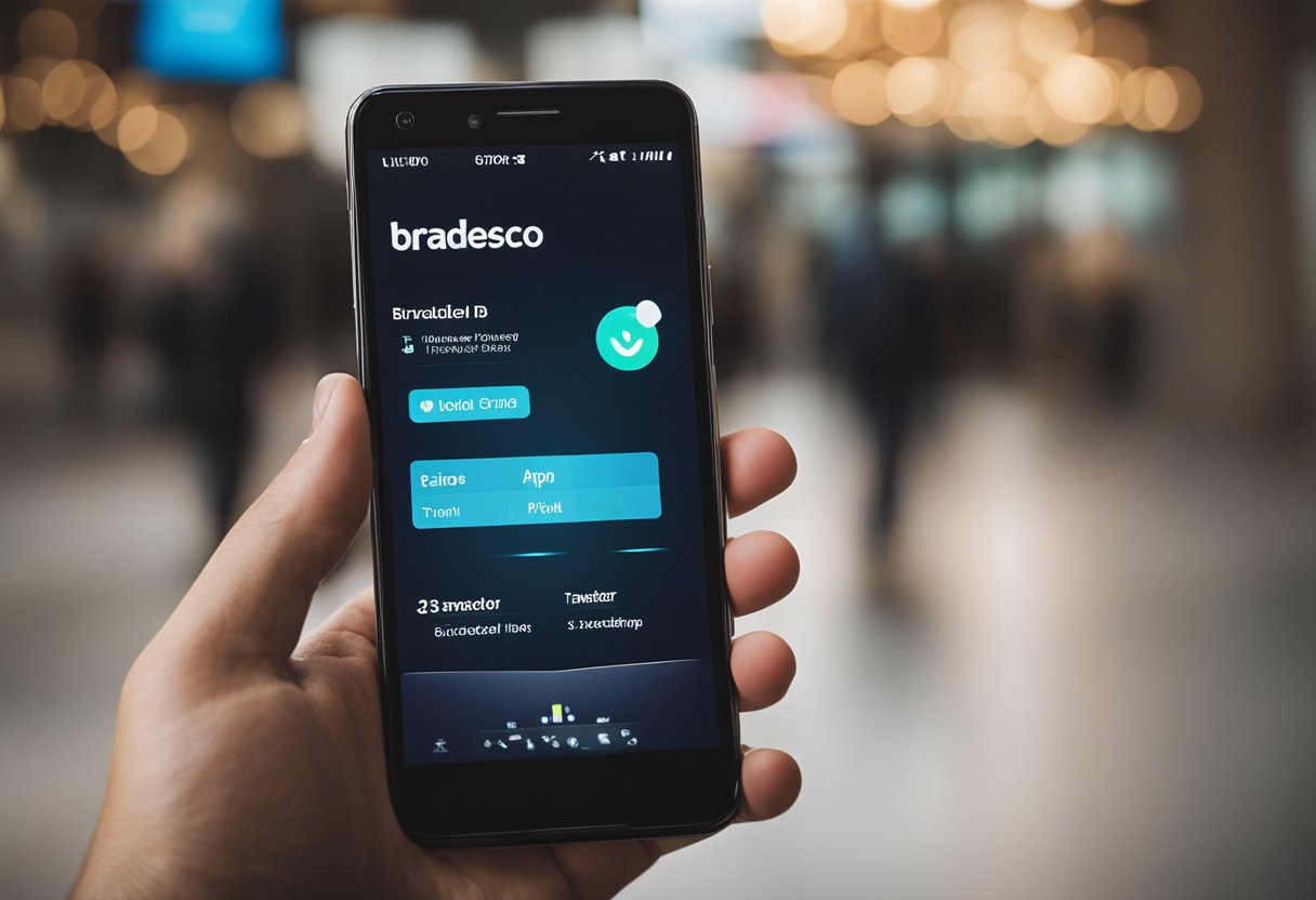 Um smartphone exibindo o aplicativo Bradesco com a seção de transferência PIX agendada aberta, um dedo tocando o botão "cancelar".