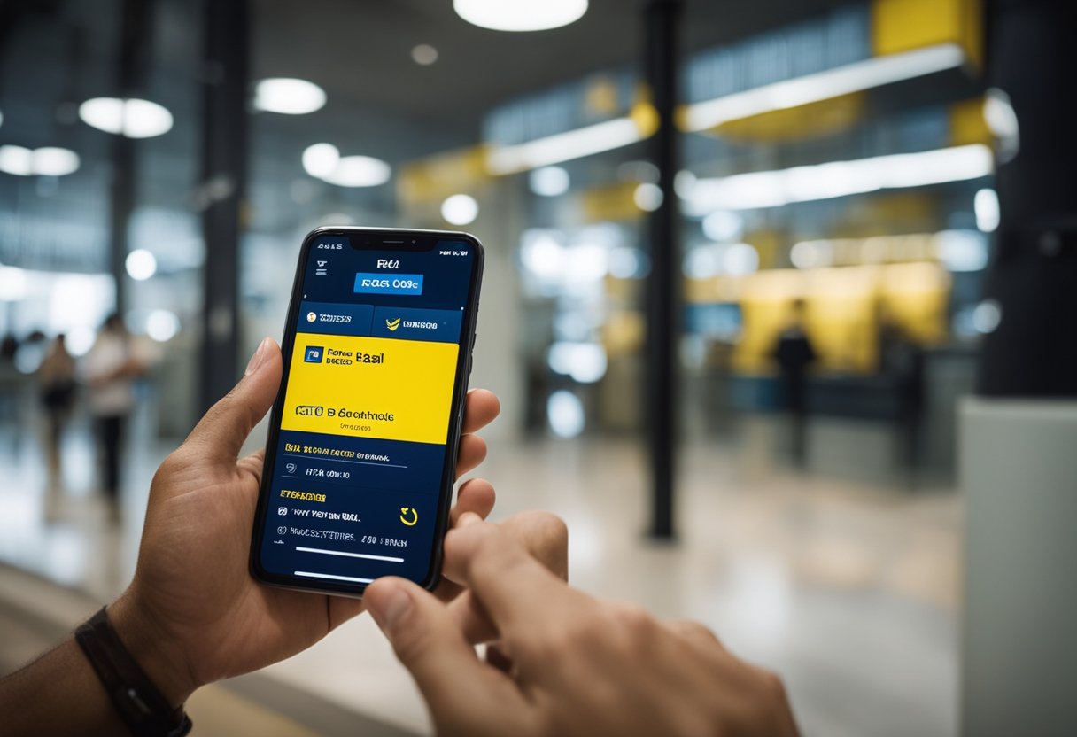 Uma pessoa usando um smartphone para acessar sua conta do Banco do Brasil, tocando na opção "Pix" e selecionando a transação que deseja cancelar.