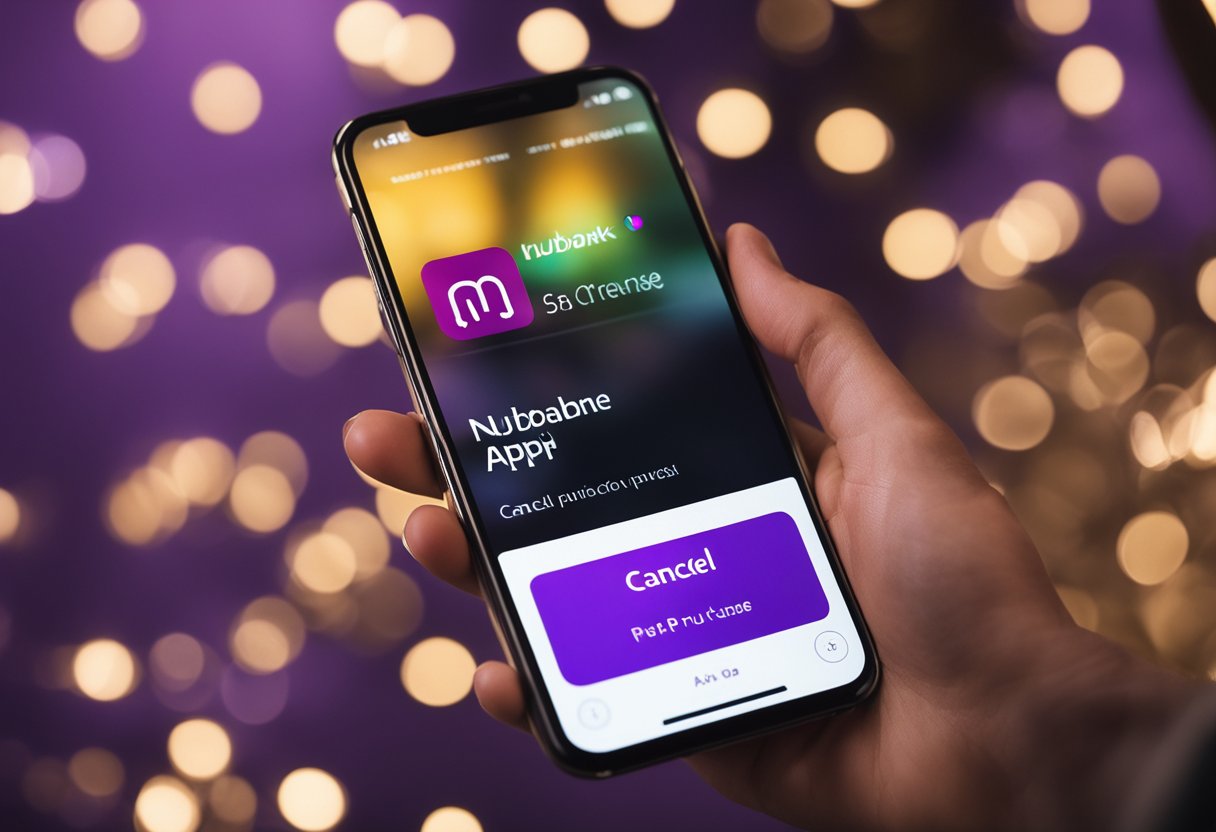 Um smartphone exibindo o aplicativo Nubank com um botão "cancelar compra" destacado
